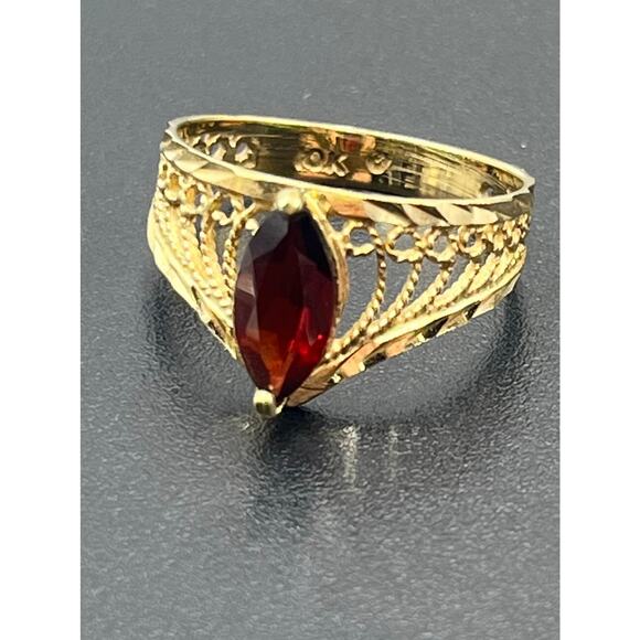 Designer 10K Yellow Gold Marquise Red Prong Garnet Ring Vintage Estate Sz 7.25 - Picture 12 of 12